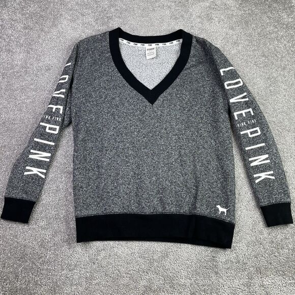 Victoria’s Secret PINK Gray V-Neck Logo Sleeve Sweatshirt Small - Picture 2 of 10